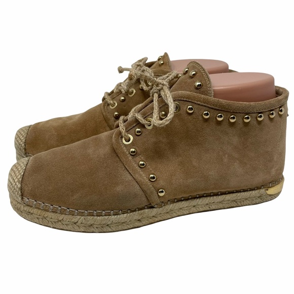 Stuart Weitzman - Beige Suede Lace-Up High Top Espadrilles W/ Gold Studs Sz 7M - Picture 3 of 16